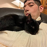 Edgar is registered to the contest to win money with this photo: cat, black_cat, sleeping, person, indoor, lamp, chair, sweater, cozy, relaxing, furniture, wood, home, pet, resting, close_up, comfort, animal, cute, warm_lighting