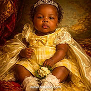 Divine is registered to the contest to win money with this photo: baby, child, tiara, dress, yellow_dress, flower_bouquet, portrait, indoor, royal, smiling, curly_hair, sitting, cute, infant, face, pretty, luxury, fabric, lace, gold