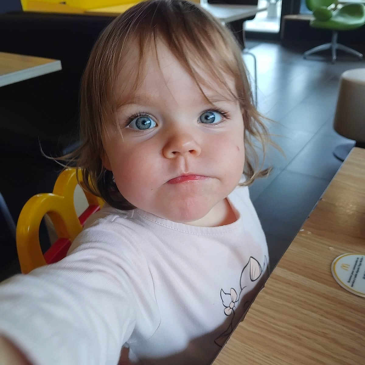 Milly a rejoint le concours — aidez-le/la à gagner de superbes lots ! blue_eyes, child, curious, cute, daylight, expression, face, furniture, hair, high_chair, indoor, long_sleeve_shirt, modern, person, restaurant, seat, table, toddler, window, wood