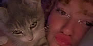Willow is registered to the contest to win money with this photo: cat, person, selfie, indoor, cute, pet, animal, face, closeup, digital_filter, heart_shape, snuggling, dim_light, cozy, fur, whiskers, eyelashes, bedroom, relaxed, companion