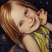 Hailey is registered to the contest to win money with this photo: child, smile, blue_eyes, blonde_hair, yellow_shirt, face, portrait, hand, stars, fantasy_background, happy, cute, young, playful, skin, freckles, person, indoors, closeup, expression