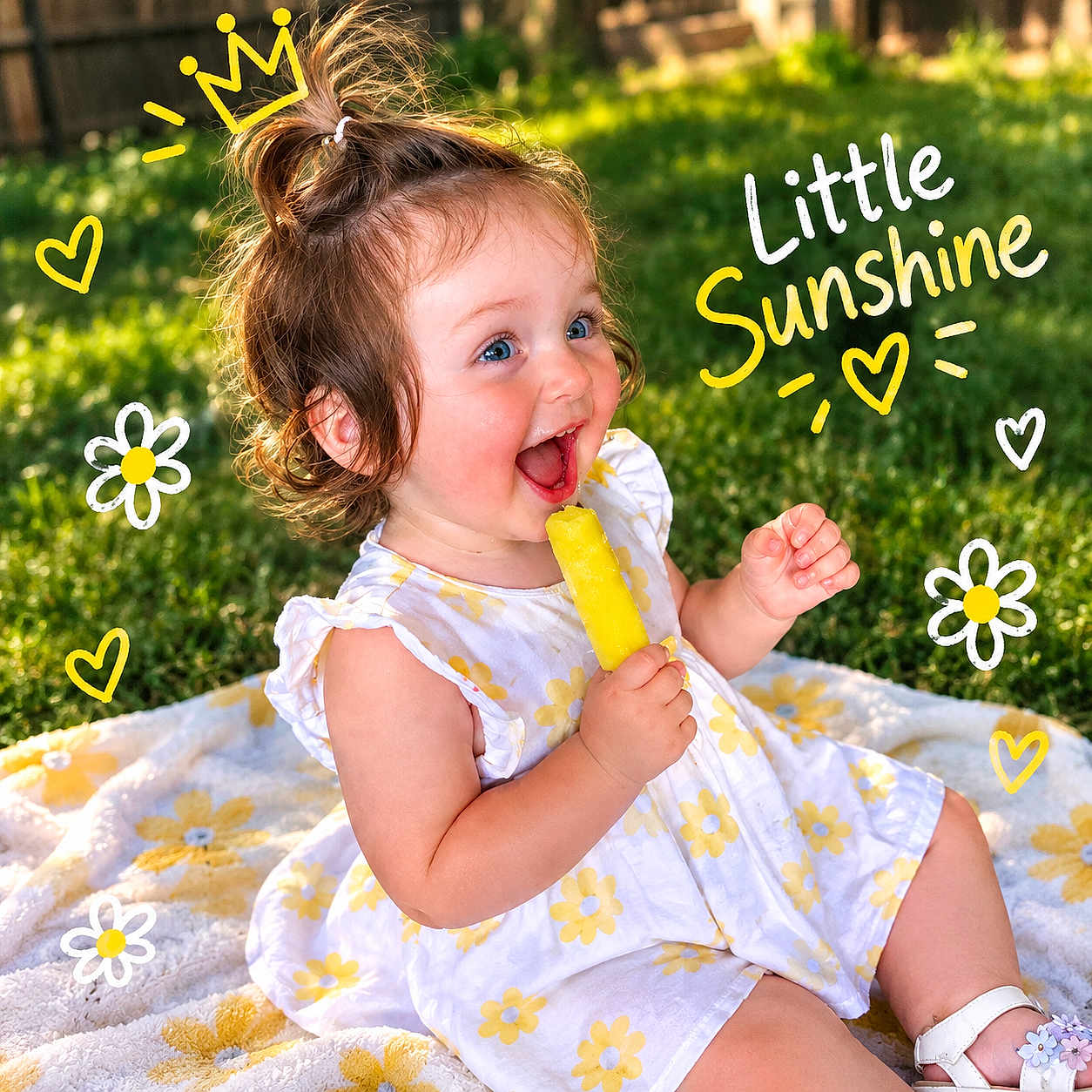 Kali joined the competition — help win amazing prizes! child, toddler, baby, smiling, laughing, eating, popsicle, dessert, outdoor, garden, grass, portrait, close_up, curly_hair, ponytail, dress, floral_pattern, blanket, sunlight, text_overlay