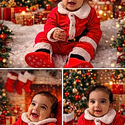 Arin joined the competition — help win amazing prizes! baby, child, christmas, holiday, festive, santa_claus_outfit, red_clothing, white_fur_trim, smiling, happy, indoor, decorations, christmas_tree, presents, stockings, fireplace, warm_lighting, celebration, cute, portrait