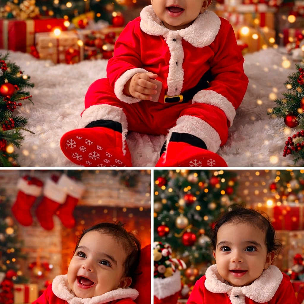 Arin joined the competition — help win amazing prizes! baby, celebration, child, christmas, christmas_tree, cute, decorations, festive, fireplace, happy, holiday, indoor, portrait, presents, red_clothing, santa_claus_outfit, smiling, stockings, warm_lighting, white_fur_trim