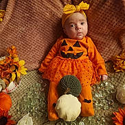 Aurora is registered to the contest to win money with this photo: baby, infant, pumpkin_costume, orange_clothing, headband, flowers, autumn, decorative_pebbles, fall_decor, cute, festive, sitting, indoors, portrait, holiday, seasonal, costume, child, holiday_theme, curious