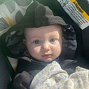 Zauntee Sebastian joined the competition — help win amazing prizes! baby, child, hoodie, car_seat, blanket, toy, indoor, portrait, infant, face, expression, clothing, cute, young, person, seatbelt, comfort, casual, daylight, attention