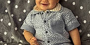 Raiden joined the competition — help win amazing prizes! baby, child, smiling, sitting, romper, clothing, blanket, polka_dot, gray, cute, happy, infant, portrait, chubby, feet, hand, face, indoors, soft, comfort