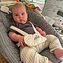 baby, infant, baby_seat, gray_pattern, clothing, striped_pants, harness, joie, face, blue_eyes, hand, foot, toy, colorful, kitchen, window, sink, counter, furniture, indoor