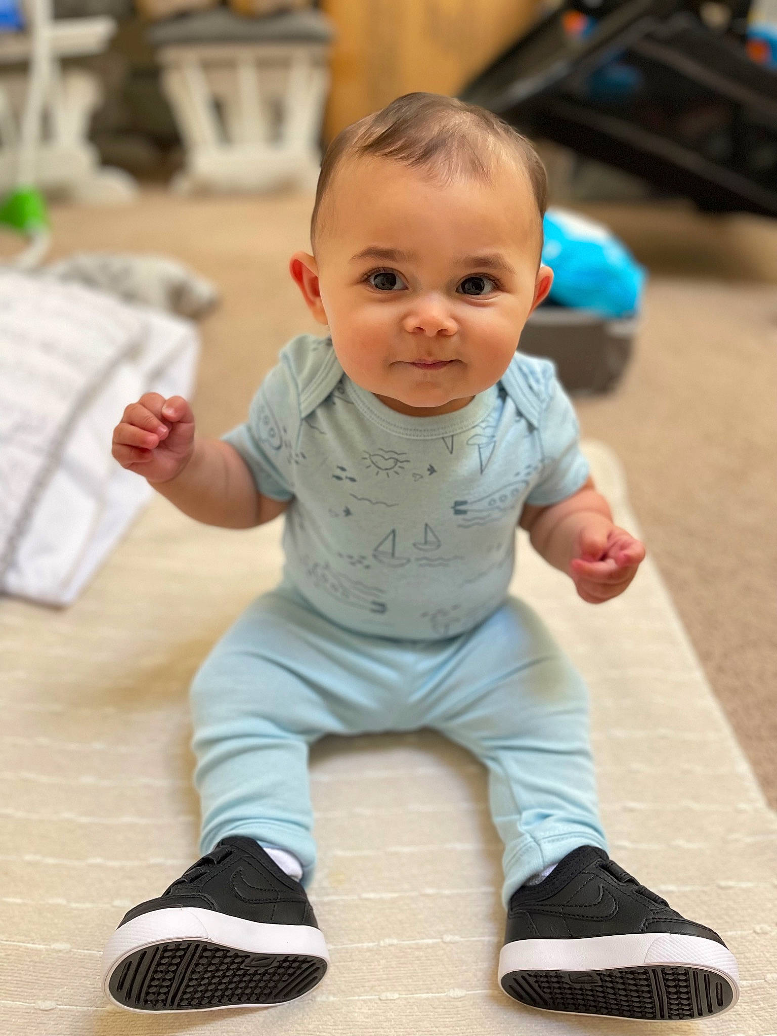 Justice joined the competition — help win amazing prizes! baby, baby_toddler_clothing, cheek, child, finger, floor, flooring, fun, hand, happy, joint, knee, leg, person, sitting, skin, sleeve, smile, toddler, white