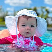 Victoria a rejoint le concours — aidez-le/la à gagner de superbes lots ! baby, blue_sky, child, clouds, cute, face, flower_pattern, happy, infant, nature, outdoor, pink_swimsuit, pool, portrait, splash, summer, sun_hat, sun_protection, swimming, water