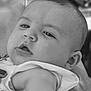 baby, infant, child, arm, face, eyes, person, skin, hand, black_and_white, portrait, closeup, expression, young, cute, candid, curious, holding, background, nature