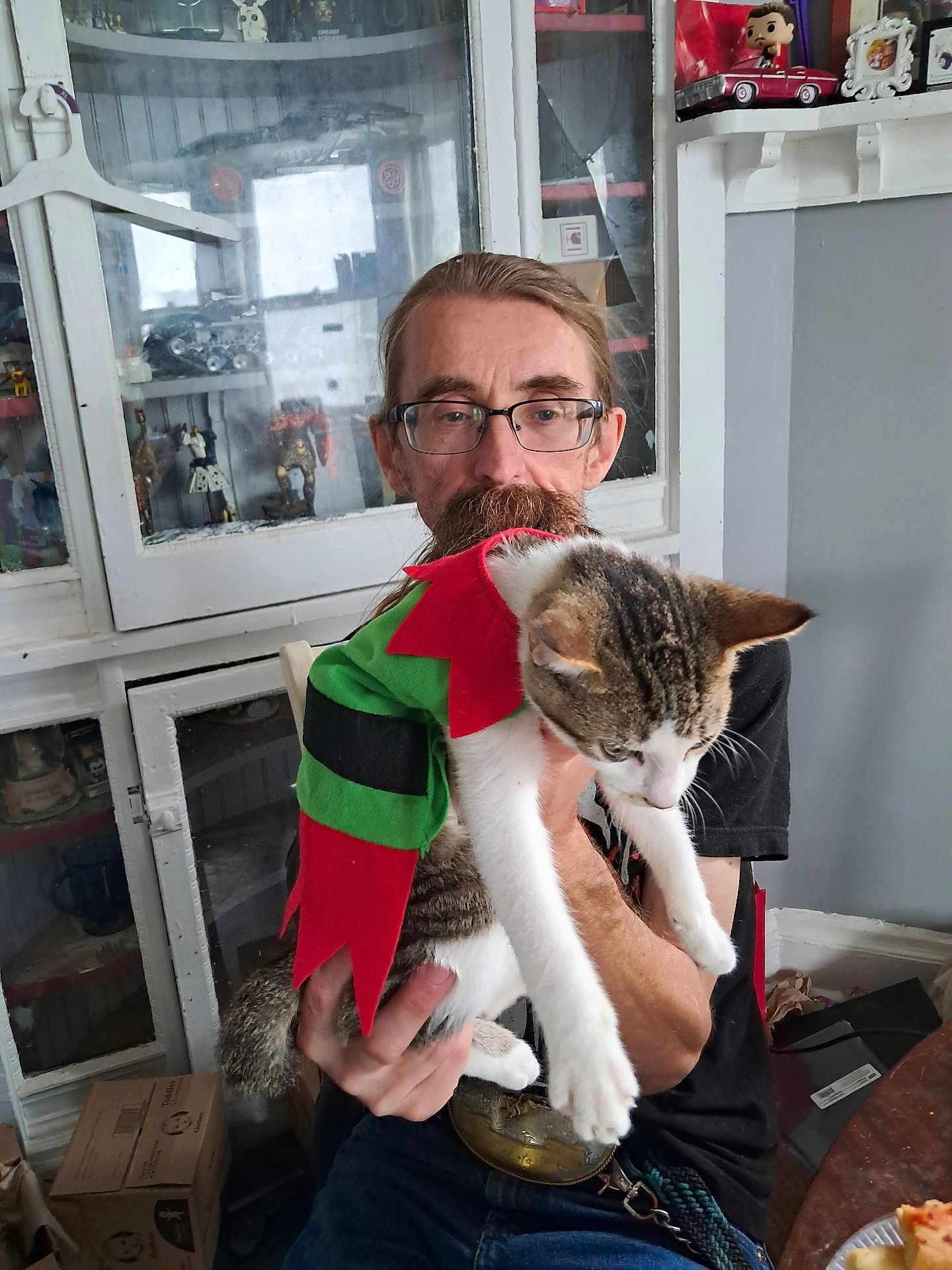 Marie is registered to the contest to win money with this photo: man, cat, glasses, mustache, indoor, cabinet, collectibles, clothing, table, box, furniture, pet, costume, red, green, white, brown, holding, sitting, person