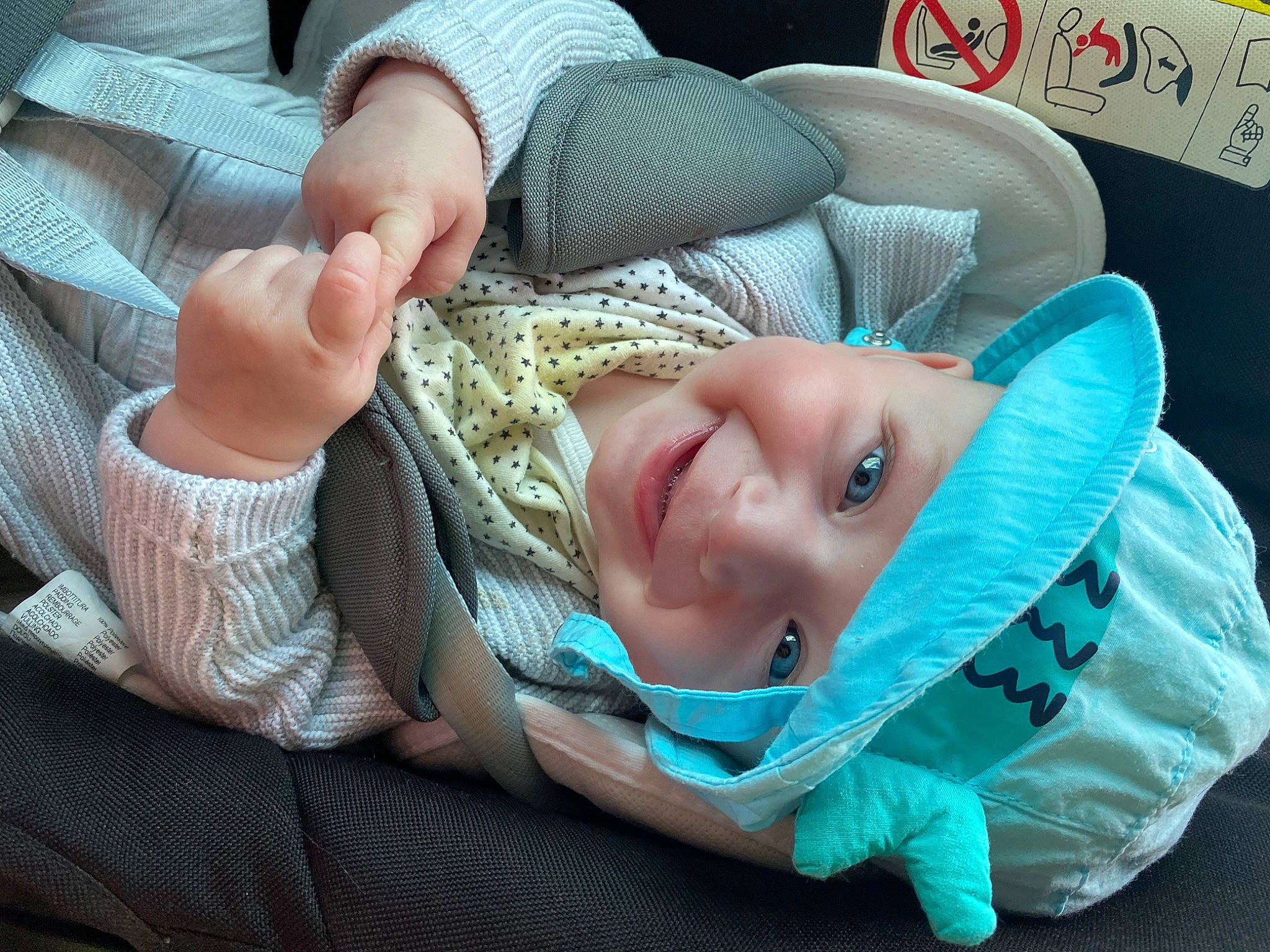 Raphaël a rejoint le concours — aidez-le/la à gagner de superbes lots ! baby, baby_toddler_clothing, cheek, child, comfort, cool, electric_blue, eye, fashion_accessory, gesture, grass, happy, head, headwear, joy, linens, nail, person, sitting, sleeve