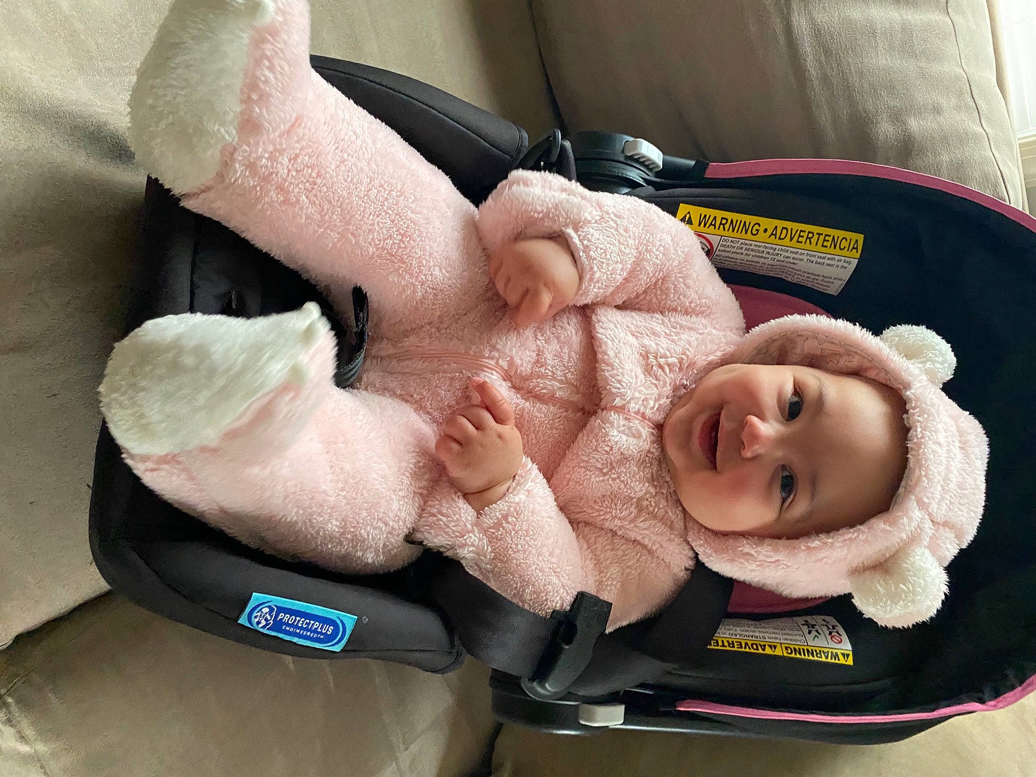 Darcy is registered to the contest to win money with this photo: baby, baby_carriage, baby_in_car_seat, baby_products, baby_safety, baby_toddler_clothing, child, comfort, ear, finger, gesture, hand, health_care, nail, person, service, smile, thumb, toddler, wrinkle