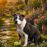 Laika a rejoint le concours — aidez-le/la à gagner de superbes lots ! canine, dog, flower_pot, flowers, garden, grass, greenery, leaves, nature, outdoor, pathway, peaceful, pet, plant, shrub, summer, sunlight, sunset, tennis_ball, tree