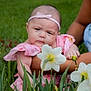 Layla is registered to the contest to win money with this photo: baby, child, flower, daffodil, grass, outdoor, pink_clothing, headband, nature, person, greenery, arm, holding, young_child, spring, plant, portrait, cute, infant, garden