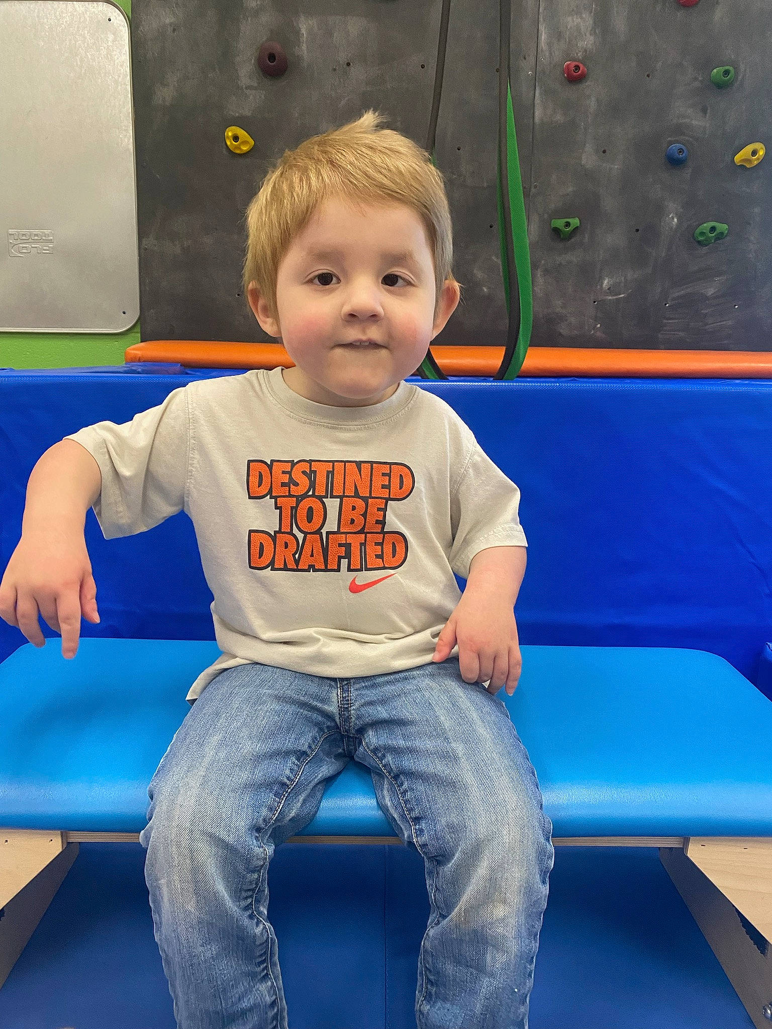 Kolton joined the competition — help win amazing prizes! baby_toddler_clothing, blue, child, comfort, denim, elbow, electric_blue, face, fun, gas, happy, jeans, leisure, person, recreation, room, sitting, sleeve, smile, t_shirt