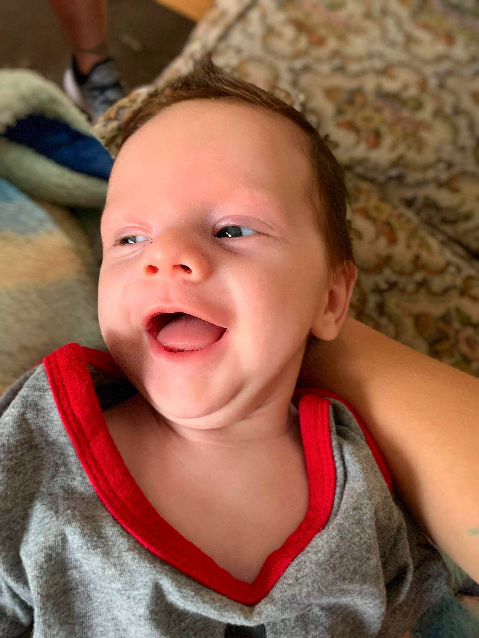 Collin joined the competition — help win amazing prizes! baby, cheek, child, chin, ear, eye, face, facial_expression, head, laugh, lip, mouth, nose, organ, person, skin, smile, toddler, tongue