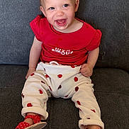 Athena participe au concours pour gagner de l'argent avec cette photo : toddler, child, smiling, red_shirt, white_pants, apple_print, red_sandals, polka_dot, sitting, couch, gray_background, happy, cute, indoors, baby, clothing, footwear, portrait, young_child, joyful