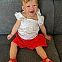 Esmeralda a rejoint le concours — aidez-le/la à gagner de superbes lots ! toddler, child, smiling, happy, sitting, couch, white_top, red_shorts, red_sandals, polka_dot, footwear, indoor, person, face, cute, clothing, baby, comfortable, casual, joyful