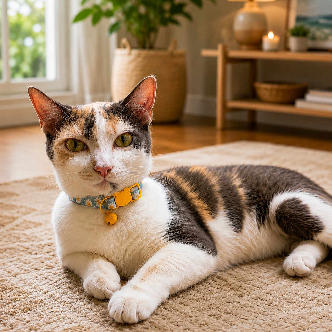 Turbo Cate Calvary joined the competition — help win amazing prizes! cat, calico_cat, pet, collar, bell, indoor, rug, plant, potted_plant, lamp, wooden_shelf, books, decor, floor, window, natural_light, relaxing, cozy, home, feline