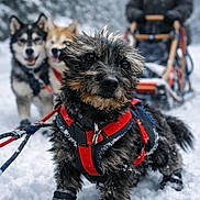 Shanel participe au concours pour gagner de l'argent avec cette photo : dog, sled_dog, harness, snow, winter, sled, musher, forest, outdoor, cold, canine, team, animal, boots, leash, fur, active, adventure, winter_clothing, snowy_landscape