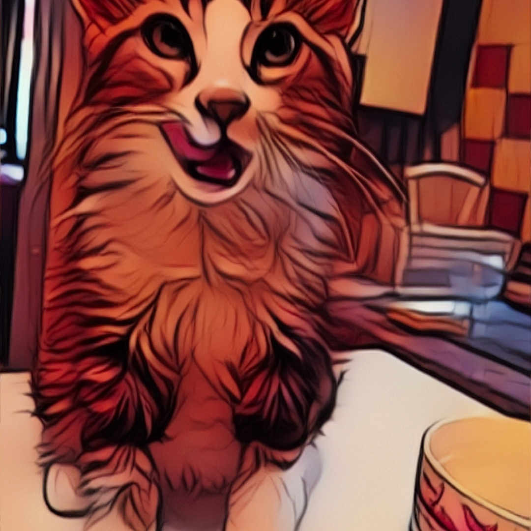 Mimi a rejoint le concours — aidez-le/la à gagner de superbes lots ! bowl, brown, cat, cute, digital_art, ears, eyes, feline, food, fur, indoor, kitchen, mouth, pet, plate, stylized, table, tongue, whiskers, white