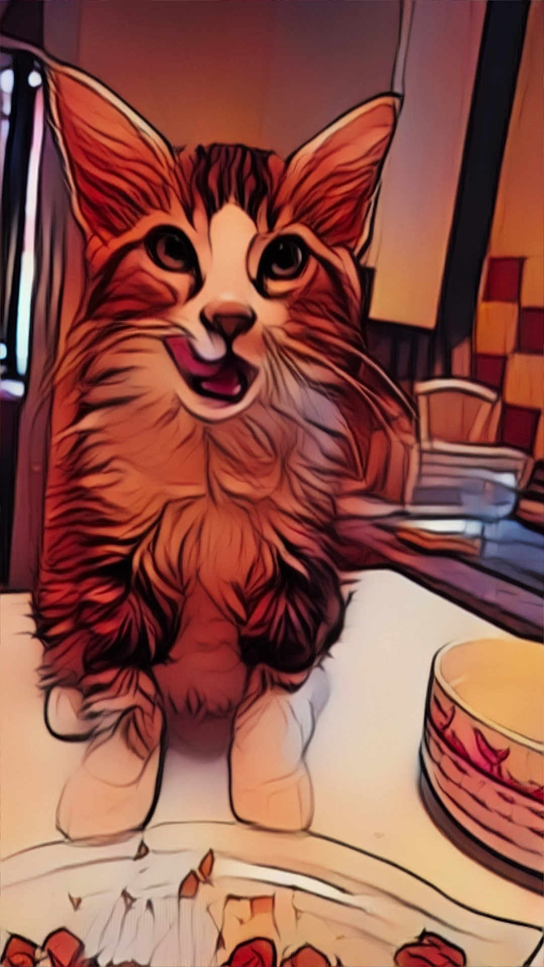 Mimi a rejoint le concours — aidez-le/la à gagner de superbes lots ! cat, table, bowl, food, indoor, stylized, digital_art, brown, white, ears, whiskers, fur, cute, pet, feline, eyes, mouth, tongue, kitchen, plate