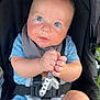 baby, child, blue_eyes, stroller, toy, beads, clothing, cute, infant, hands, face, rosy_cheeks, seatbelt, outdoor, curious, expression, summer_clothing, legs, person, closeup