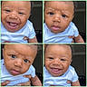 Jayden is registered to the contest to win money with this photo: baby, child, infant, portrait, close_up, collage, four_panels, smiling, laughing, facial_expression, curious, happy, eyes, mouth, white_shirt, short_hair, brown_skin, held_by_adult, indoor, patterned_border