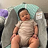 Nityansh joined the competition — help win amazing prizes! baby, child, infant, onesie, sock, baby_chair, cushion, plush_toy, smiling, indoor, person, cute, happy, seated, patterned, fabric, wall, skin, hair, comfort