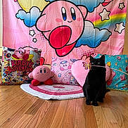 Umbreon joined the competition — help win amazing prizes! black_cat, cat, toy, butterfly, wooden_floor, kirby, pillows, plush_toy, pink, colorful, rainbow, background, indoor, decor, cute, playful, pet, animal, floor_rug, heart_shaped_pillow