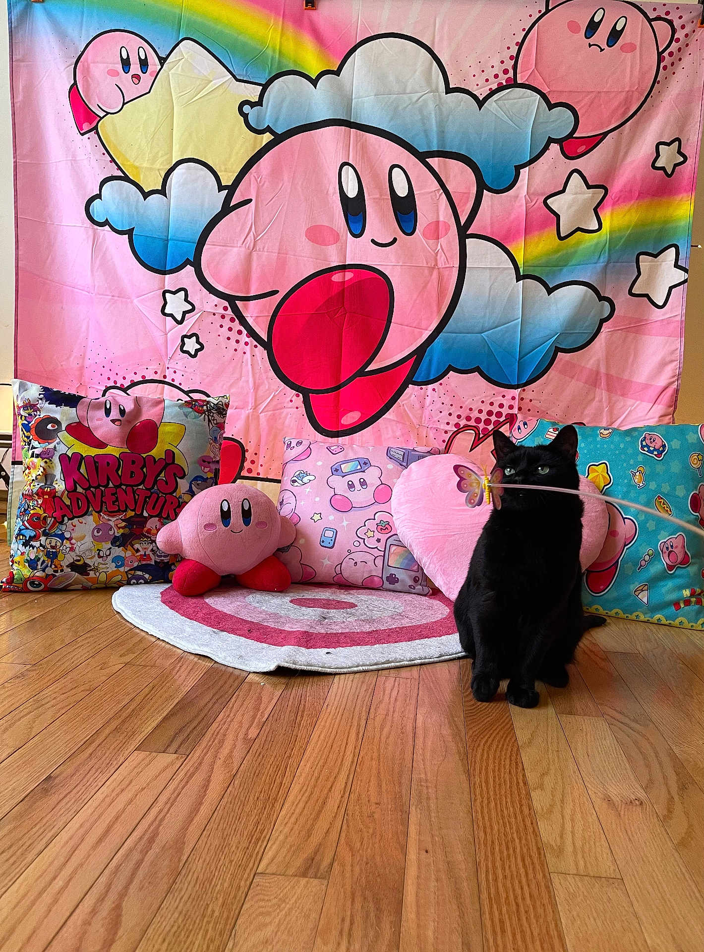 Umbreon joined the competition — help win amazing prizes! black_cat, cat, toy, butterfly, wooden_floor, kirby, pillows, plush_toy, pink, colorful, rainbow, background, indoor, decor, cute, playful, pet, animal, floor_rug, heart_shaped_pillow