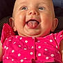 baby, infant, child, smiling, tongue_out, pink_clothing, polka_dot, car_seat, safety_harness, happy, cute, face, cheeks, eyes, playful, indoor, closeup, person, seatbelt, toy
