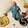 Malo participe au concours pour gagner de l'argent avec cette photo : baby, infant, smiling, blue_clothing, blanket, pancakes, nutella, spread_jar, frying_pan, sugar_cubes, number_5, food, plate, small_jar, cozy, celebration, lying_down, happy, cute, indoor