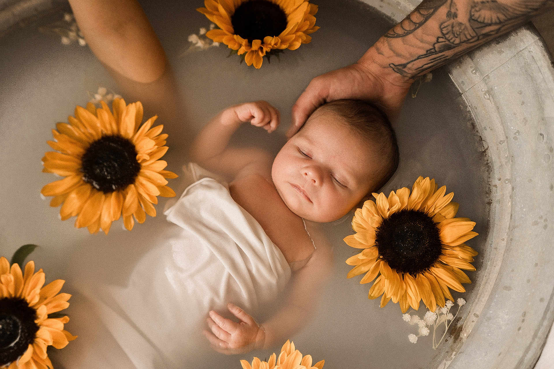 Alba a rejoint le concours — aidez-le/la à gagner de superbes lots ! baby, infant, sleeping, milky_bath, sunflower, flower, tattooed_hand, water, wrapped, peaceful, portrait, relaxation, skin, arm, floral, soft_light, gentle, closeup, baby_bath, serene