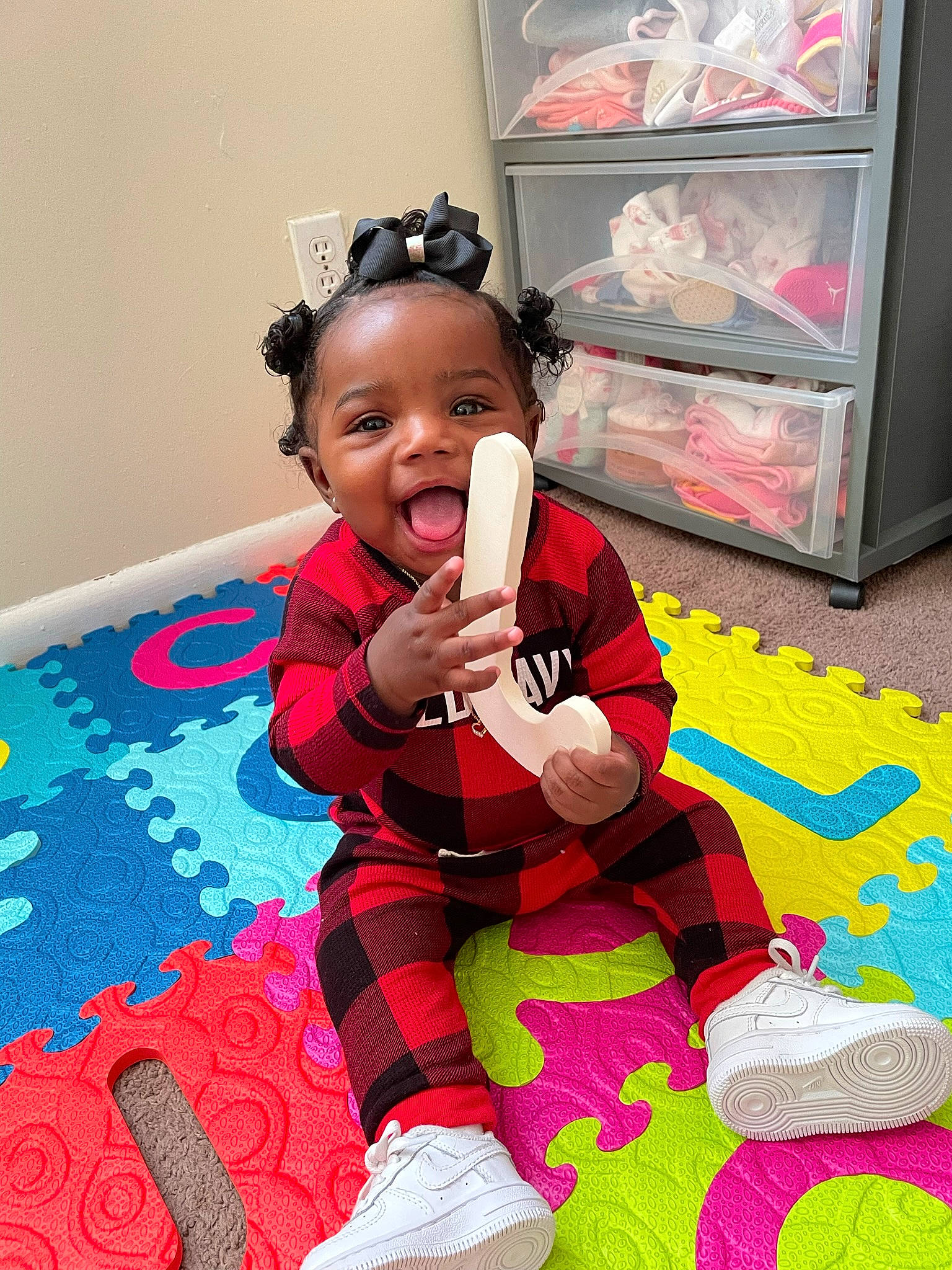 Kaliah joined the competition — help win amazing prizes! baby, baby_toddler_clothing, carmine, child, flooring, fun, happy, leisure, linens, magenta, pattern, person, pink, play, red, room, sitting, sleeve, smile, toddler