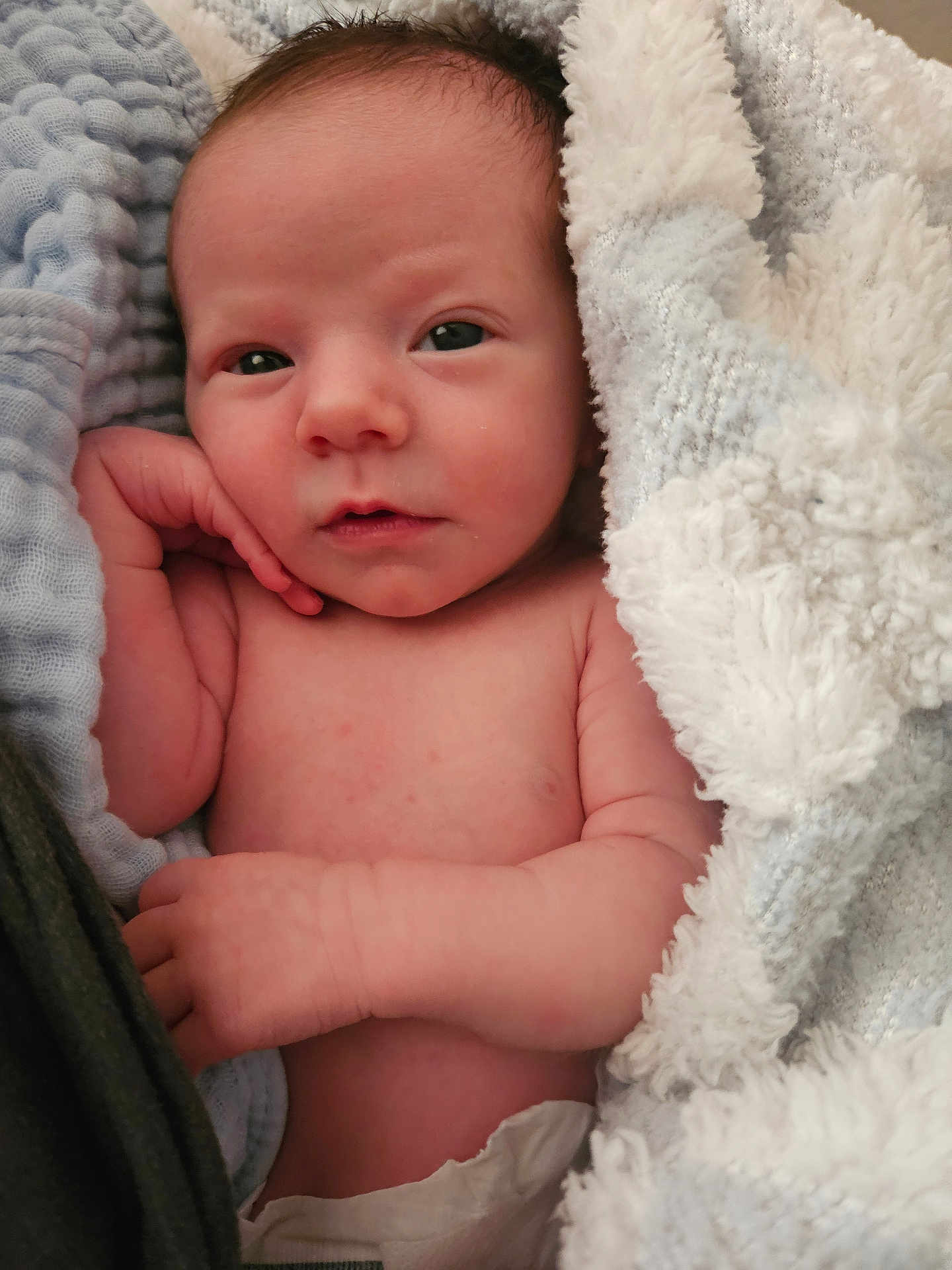 Gideon joined the competition — help win amazing prizes! newborn, baby, blanket, soft, skin, face, hand, diaper, wrapped, cozy, cute, infant, child, portrait, resting, sleepy, warm, closeup, indoors, peaceful