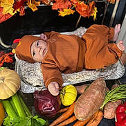 Gideon is registered to the contest to win money with this photo: baby, infant, brown_clothing, blanket, foil_tray, vegetables, carrots, celery, sweet_potatoes, red_onion, yellow_pumpkin, red_bell_pepper, fall_leaves, autumn, cozy, soft_texture, indoor, curious, lying_down, still_life