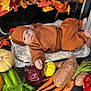 baby, infant, brown_clothing, blanket, foil_tray, vegetables, carrots, celery, sweet_potatoes, red_onion, yellow_pumpkin, red_bell_pepper, fall_leaves, autumn, cozy, soft_texture, indoor, curious, lying_down, still_life