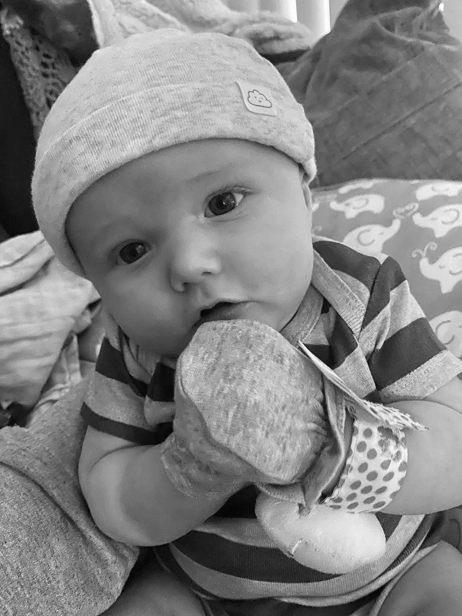 Paxton is registered to the contest to win money with this photo: baby, black, cap, cheek, child, elbow, fruit, gesture, hand, happy, headwear, lip, monochrome, monochrome_photography, mouth, nose, person, photograph, style, thumb