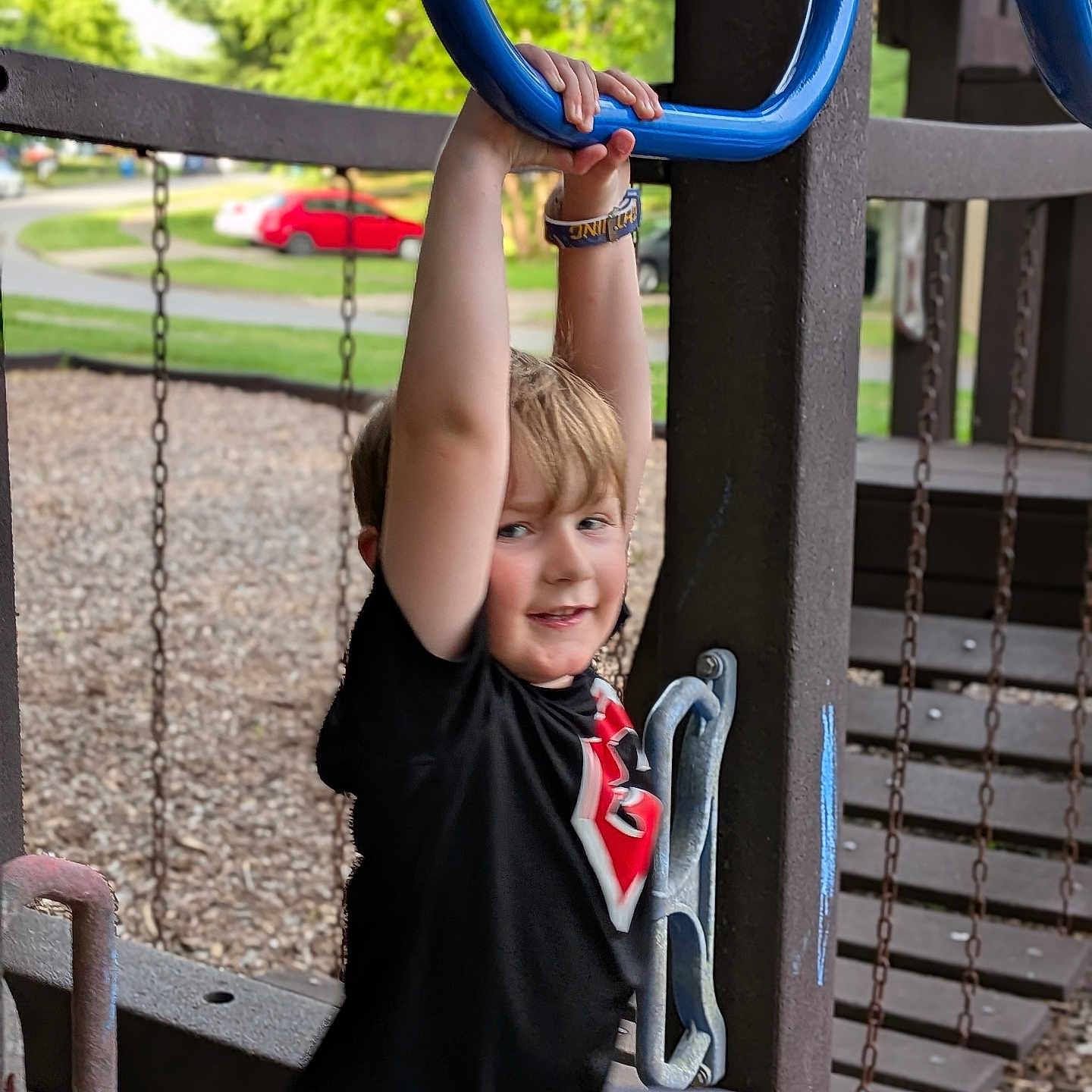 Tearston is registered to the contest to win money with this photo: child, boy, playground, playground_equipment, blue_rings, swing, smiling, outdoor, trees, grass, wood_chips, black_shirt, shorts, wristband, fun, active, daylight, park, happy, leisure