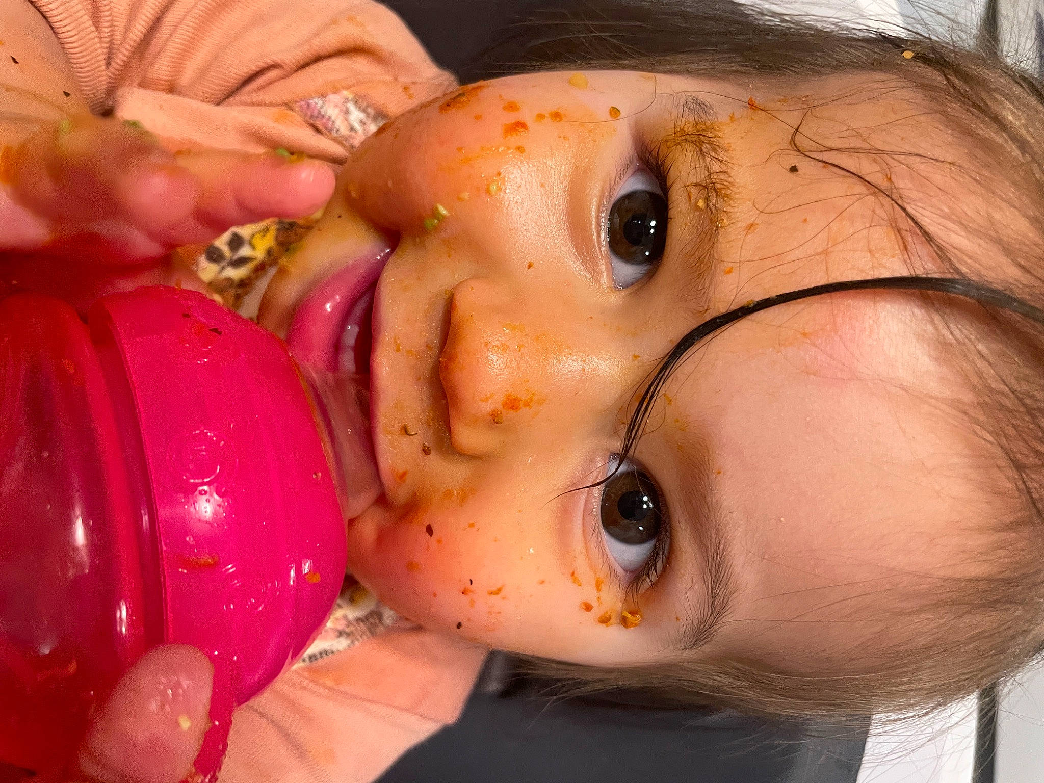 Brielle is registered to the contest to win money with this photo: cheek, child, chin, close_up, doll, eyebrow, eyelash, fawn, finger, forehead, fun, hand, human_body, iris, lip, mouth, nose, person, pink, skin