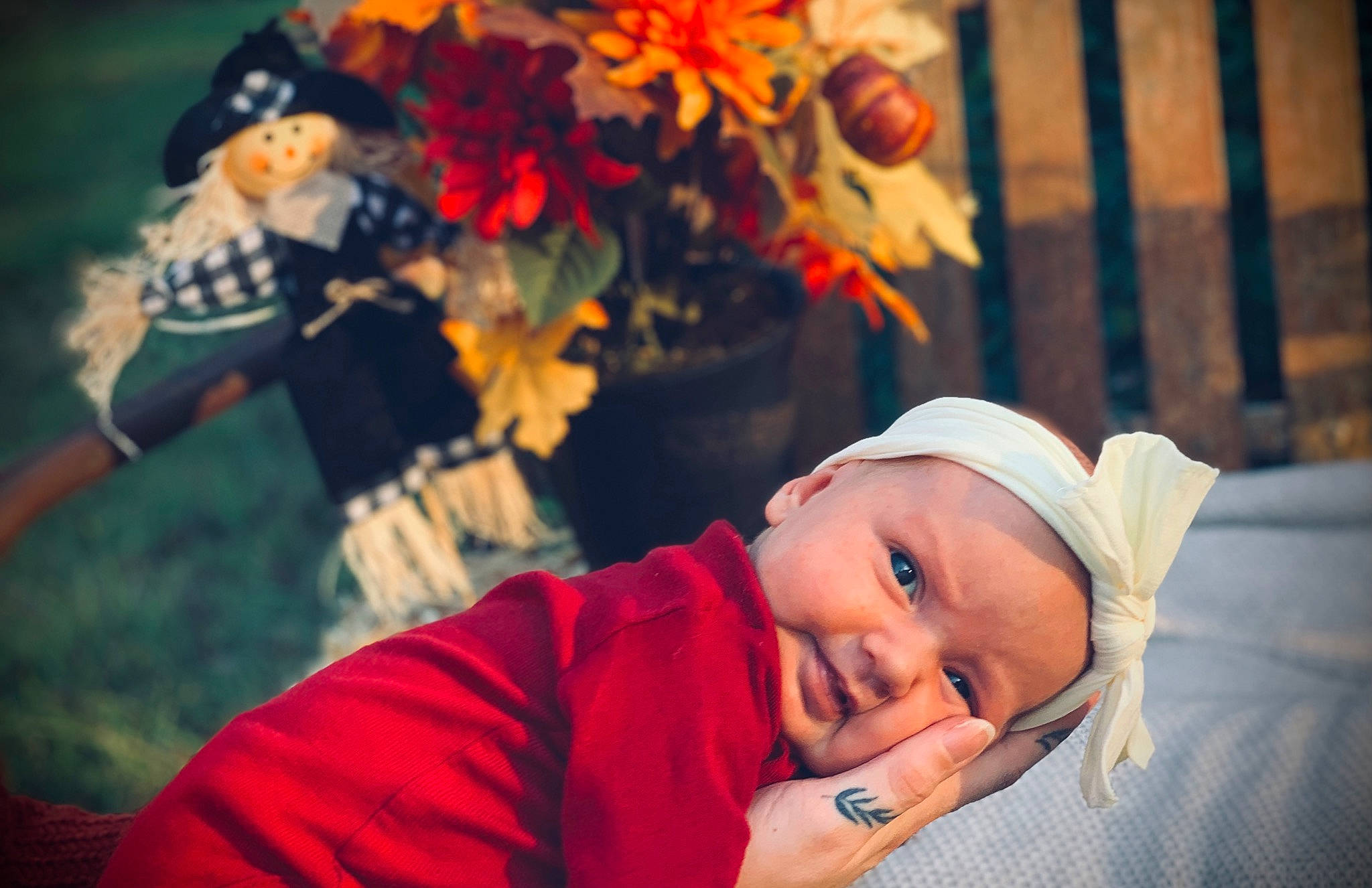 Evelyn is registered to the contest to win money with this photo: baby, child, event, eye, flash_photography, flower, fun, grass, happy, hat, headgear, headwear, leisure, orange, person, petal, plant, recreation, sitting, t_shirt