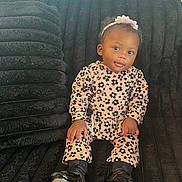 Roriee is registered to the contest to win money with this photo: baby, child, portrait, sitting, couch, indoor, headband, flowers, leopard_print, outfit, fashion, shoes, smiling, dark_background, furniture, home, baby_fashion, black_couch, window_blinds, photography