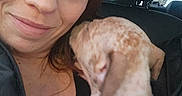 Kitana Kitty Lee is registered to the contest to win money with this photo: car_interior, closeup, cuddling, dog, ear, face, headrest, jacket, makeup, nuzzle, passenger, portrait, puppy, purple_eyeshadow, seat, skin, smile, speckled_fur, window, woman