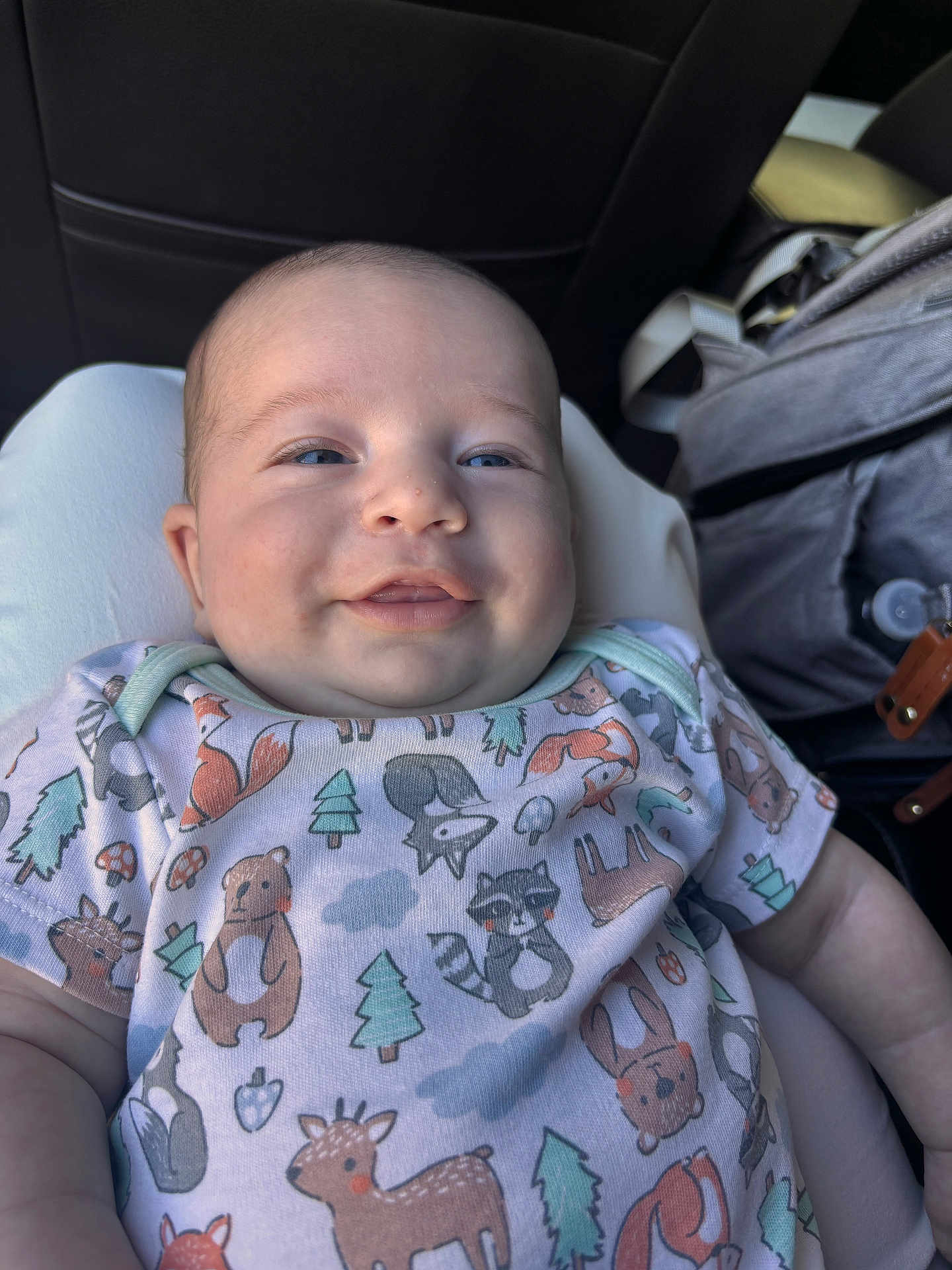 Mateo is registered to the contest to win money with this photo: baby, smiling, infant, onesie, animal_print, clothing, car_seat, backpack, happy, portrait, child, cute, face, person, indoor, seat, soft_light, baby_boy, closeup, comfortable