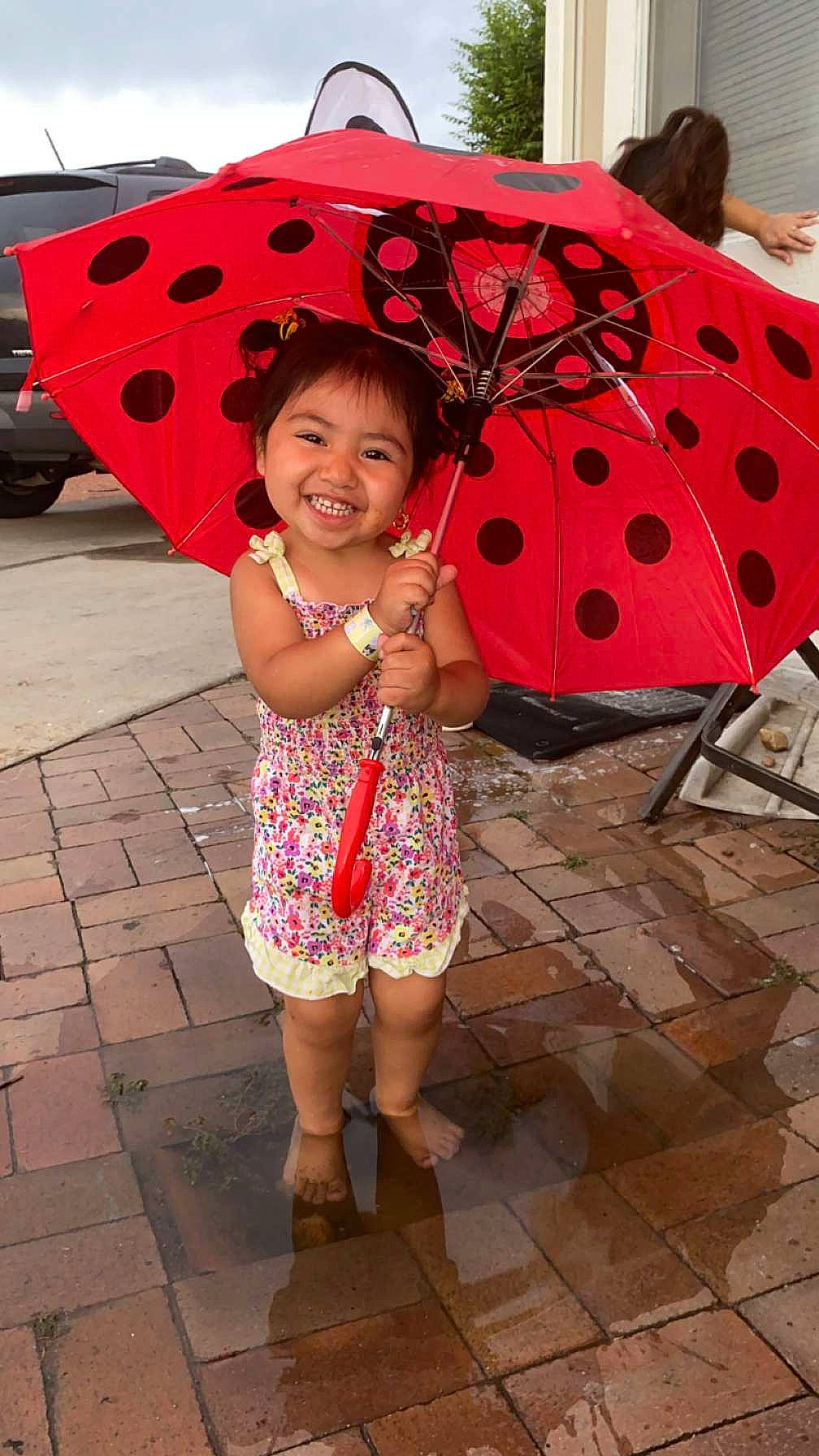 Vivianna is registered to the contest to win money with this photo: black, clothing, dress, eye, facial_expression, fashion, hairstyle, human, human_body, joy, leaf, orange, organ, person, photograph, pink, skin, smile, standing, textile