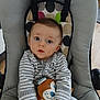 baby, child, infant, onesie, striped_clothing, teddy_bear, plush_toy, baby_seat, cushioned_seat, indoor, wooden_floor, curious_expression, wide_eyes, soft_lighting, casual, comfort, cute, portrait, young_child, seated