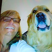 Jacob joined the competition — help win amazing prizes! animal, blurry, canine, closeup, dog, face, friendship, glasses, golden_retriever, hair, happy, indoor, light, person, pet, portrait, smile, tongue, white_clothing, woman